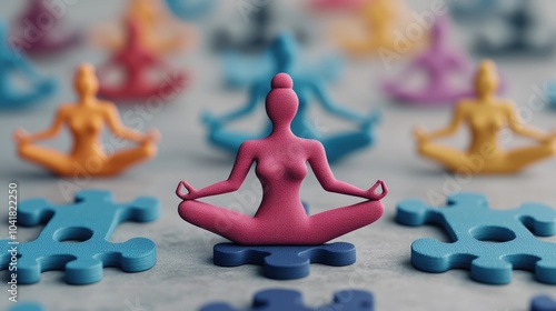 A vibrant scene featuring a pink meditating figure surrounded by colorful puzzle pieces, symbolizing mindfulness and unity.