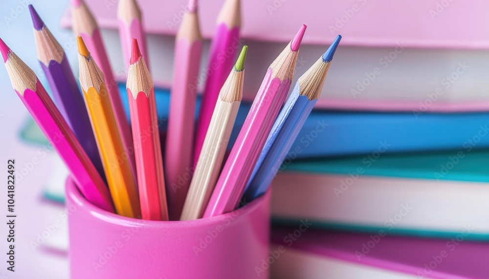 A vibrant collection of colored pencils in a pink holder, with stacked books in the background, suggesting a creative workspace. A vibrant collection of colored pencils in a pink holder, with stacked books in the background, suggesting a creative workspace.