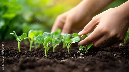 Hands Planting Young Seedlings in Garden Soil