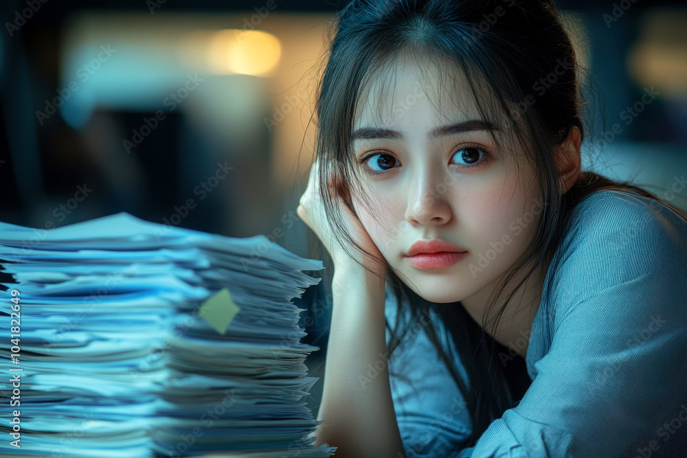 Young Asian woman with worried face due to the work piled up for the holiday season Young Asian woman with worried face due to the work piled up for the holiday season