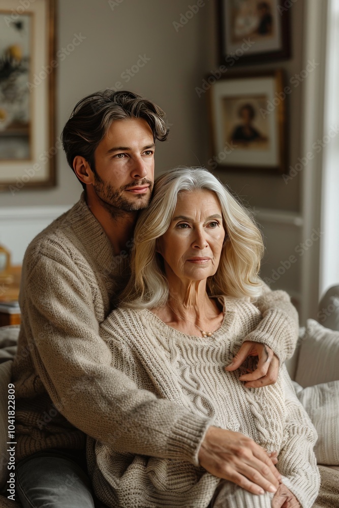 Gentle embrace: son and elderly mother share a touching moment Gentle embrace: son and elderly mother share a touching moment