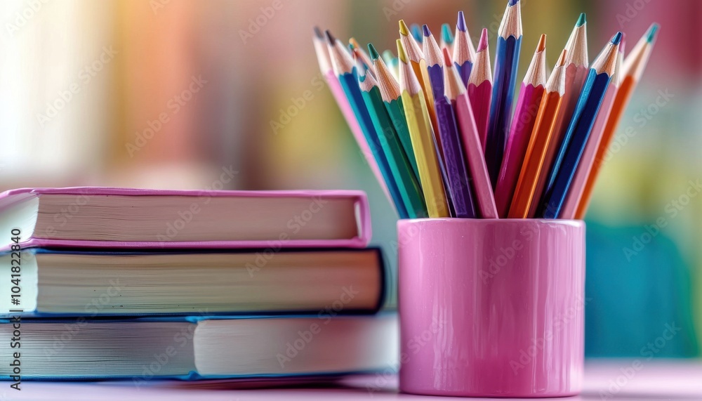 A colorful arrangement of pencils in a pink cup beside stacked books, creating a vibrant study or creative workspace. A colorful arrangement of pencils in a pink cup beside stacked books, creating a vibrant study or creative workspace.