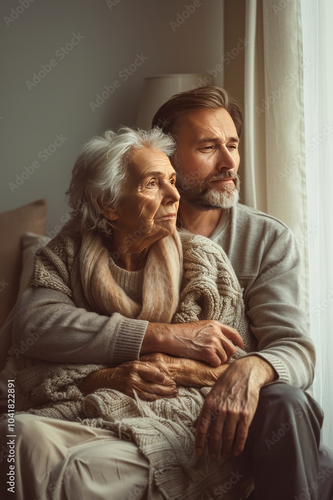 son gently embraces his elderly mother son gently embraces his elderly mother