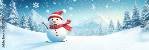 Cute snowman ski in snow field in mountain.