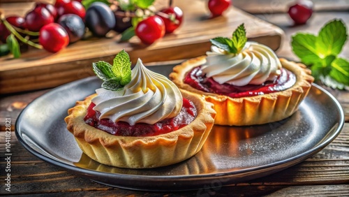 Two Mini Pastry Tarts with Whipped Cream and Red Berry Filling on a Black Plate