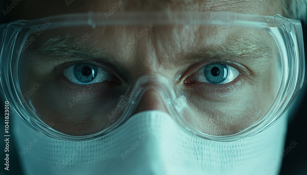 Close-up view of a scientist wearing protective gear in a lab environment Close-up view of a scientist wearing protective gear in a lab environment