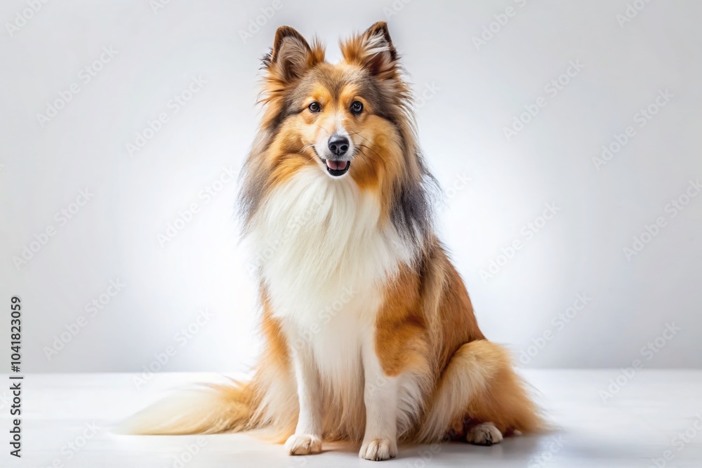 Fototapeta premium Cute Sheltie Dog Sitting Comfortably on White Background for Urban Exploration Photography