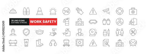 Set of 36 Work Safety line icons set. Work Safety outline icons with editable stroke collection. Includes Emergency, Security Camera, First Aid Kit, Insurance, Vaccination, and More.