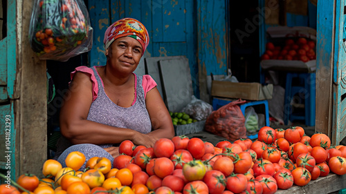 Mature Brazilian woman selling fresh tomatoes at her home-based market stall. Portrait of a brazilian woman selling fruits and vegetables outdoors. photo