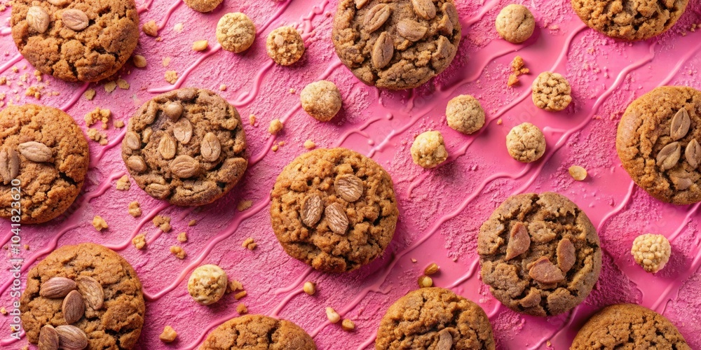 A close-up view of a delightful array of sweet, nutty, and crispy cookies, artfully arranged on a pink background. A close-up view of a delightful array of sweet, nutty, and crispy cookies, artfully arranged on a pink background.