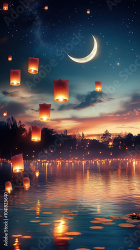serene night scene featuring floating lanterns illuminating sky above tranquil lake, with crescent moon and stars reflecting on waters surface. atmosphere is magical and peaceful