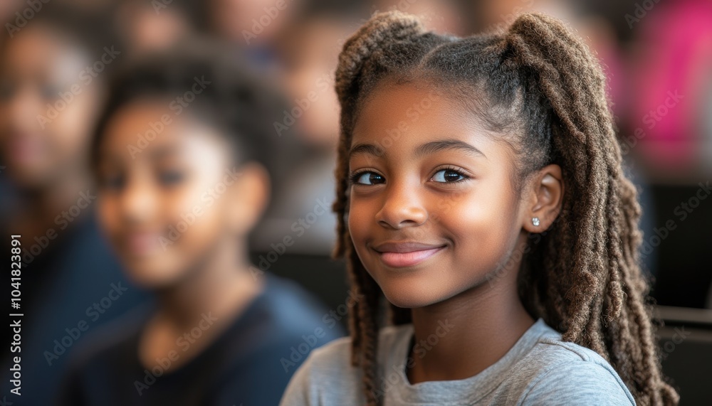 A young girl smiles brightly during a school event in the auditorium A young girl smiles brightly during a school event in the auditorium