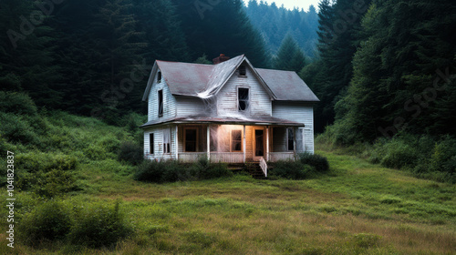 Abandoned farmhouse with sagging roof surrounded by forest