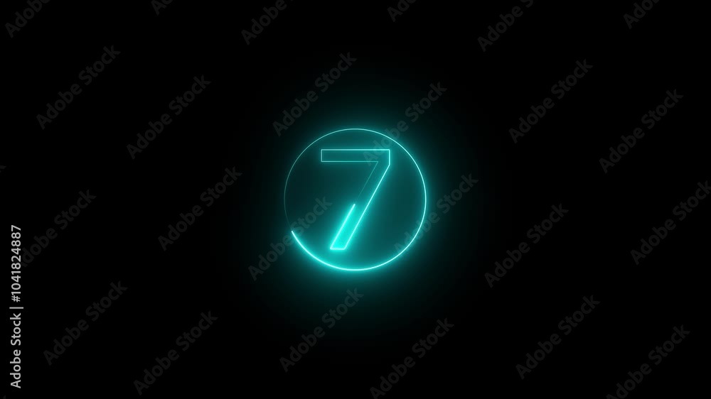 Abstract glowing neon text 7 number countdown icon. Dark background. Abstract glowing neon text 7 number countdown icon. Dark background.