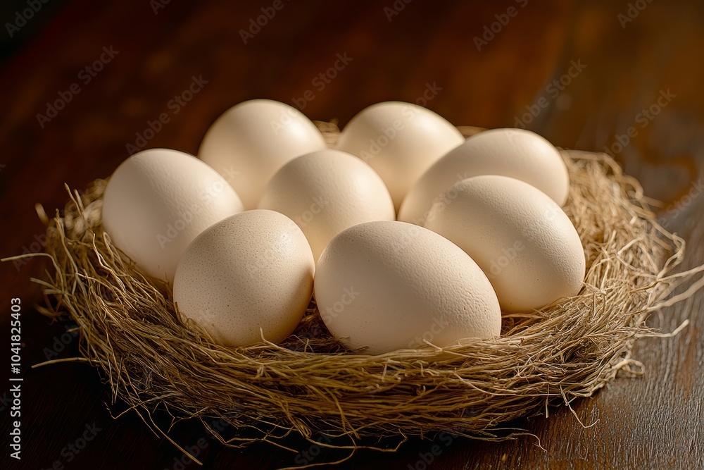 White chicken eggs arranged in a nest of straw grass White chicken eggs arranged in a nest of straw grass