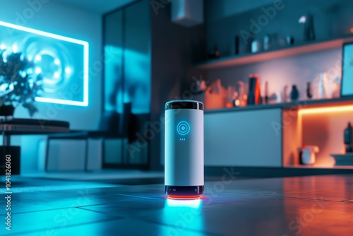 A modern AI speaker stands in a stylish room. The blue and red lights create a vibrant atmosphere. Perfect for a tech-savvy home. A glimpse of the future. Generative AI photo