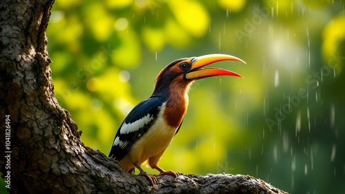 A Vibrant Bird Sings Joyfully Amidst Raindrops on a Lush Green Backdrop of Nature