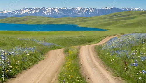 "A narrow, rustic dirt road lined with wildflowers among nature and clear blue sky and distant mountains, Generative AI