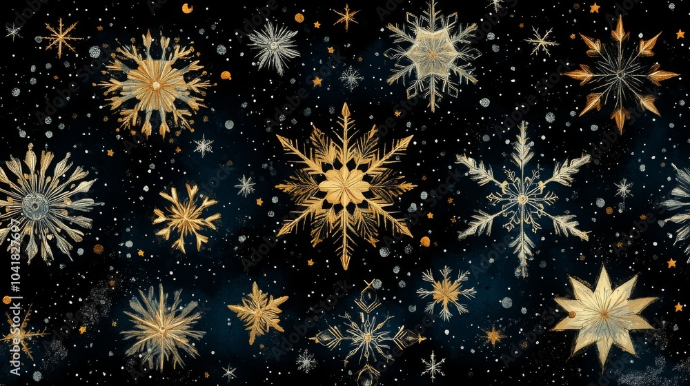 Delicate layers of intricate snowflakes and stars create a mesmerizing winter wonderland backdrop Delicate layers of intricate snowflakes and stars create a mesmerizing winter wonderland backdrop