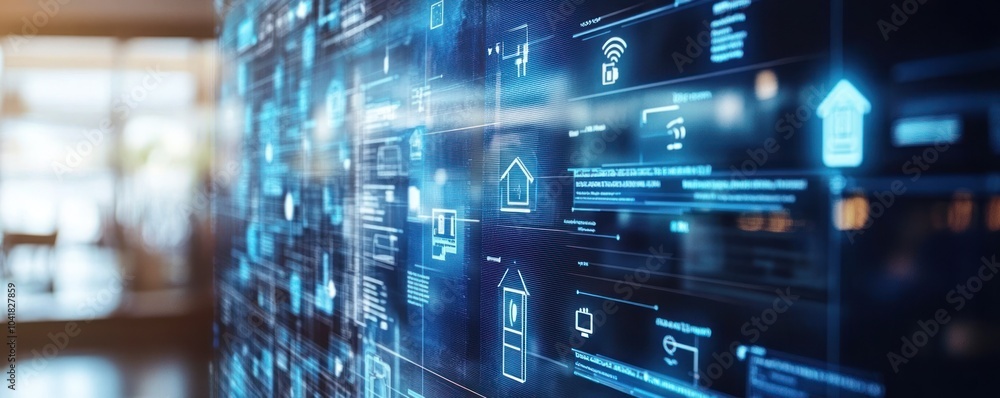 A digital interface displaying smart home technology and data analytics. A digital interface displaying smart home technology and data analytics.