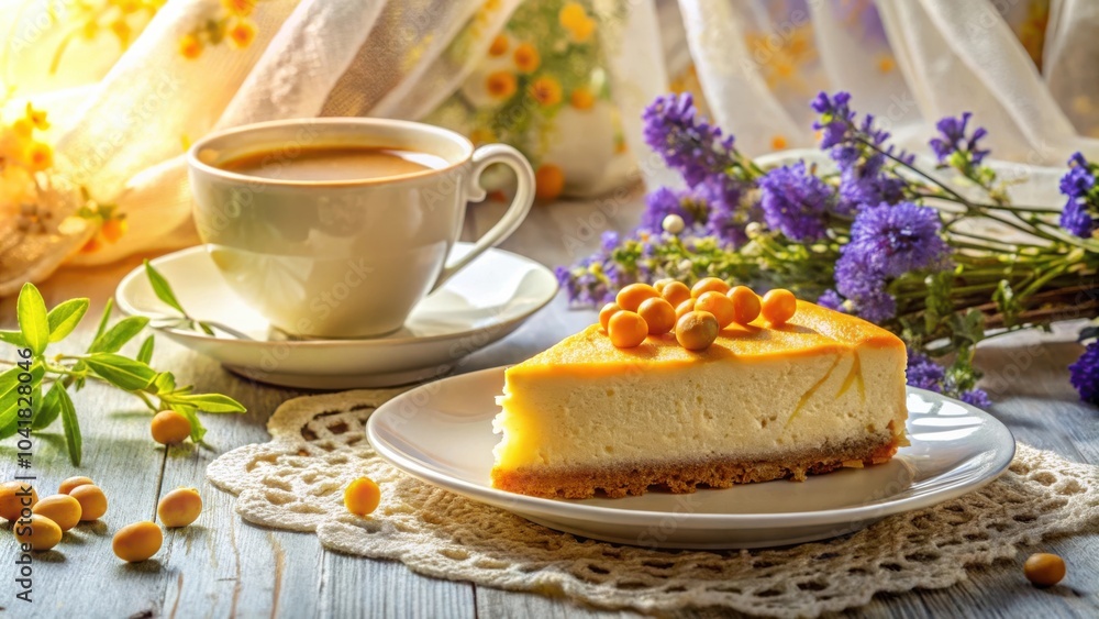 A slice of cheesecake topped with orange berries sits on a white plate, accompanied by a cup of coffee and a sprig of green leaves on a rustic wooden table A slice of cheesecake topped with orange berries sits on a white plate, accompanied by a cup of coffee and a sprig of green leaves on a rustic wooden table