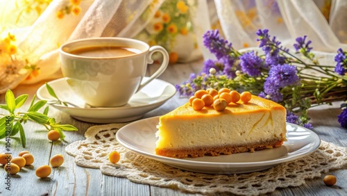 A slice of cheesecake topped with orange berries sits on a white plate, accompanied by a cup of coffee and a sprig of green leaves on a rustic wooden table