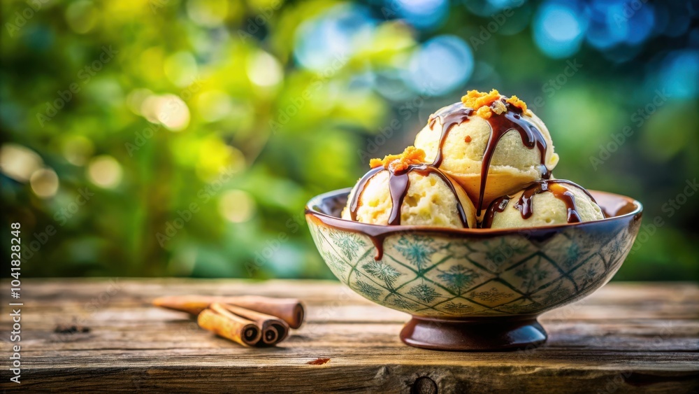Vanilla ice cream topped with chocolate sauce and sprinkles in a ceramic bowl on rustic wooden table with cinnamon sticks in the foreground and green out of focus background Vanilla ice cream topped with chocolate sauce and sprinkles in a ceramic bowl on rustic wooden table with cinnamon sticks in the foreground and green out of focus background