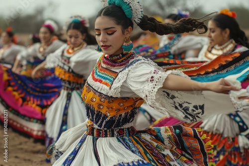 Un grupo de aldeanos realiza una danza de primavera, vestidos con trajes festivos de colores brillantes. Sus movimientos enérgicos y alegres photo