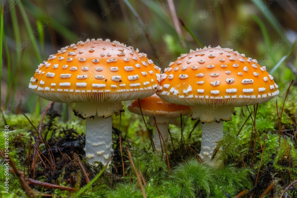 White and orange cap mushrooms growing in the woods