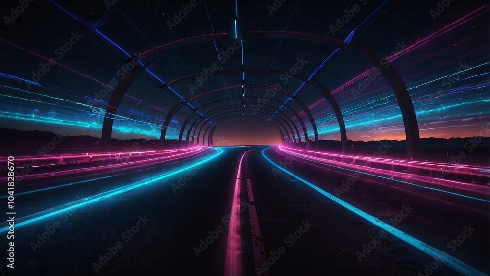 Neon tunnel road leading to the future at night Neon tunnel road leading to the future at night