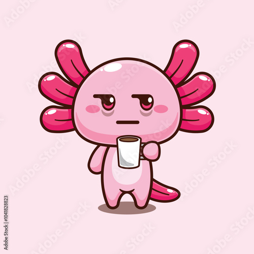 Axolotl sleepy drinking coffee