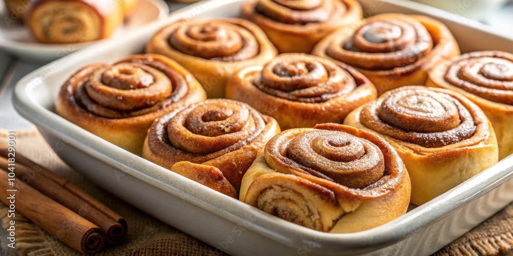 Fototapeta premium A Baking Dish Filled with Freshly Baked Cinnamon Rolls, Ready to be Served