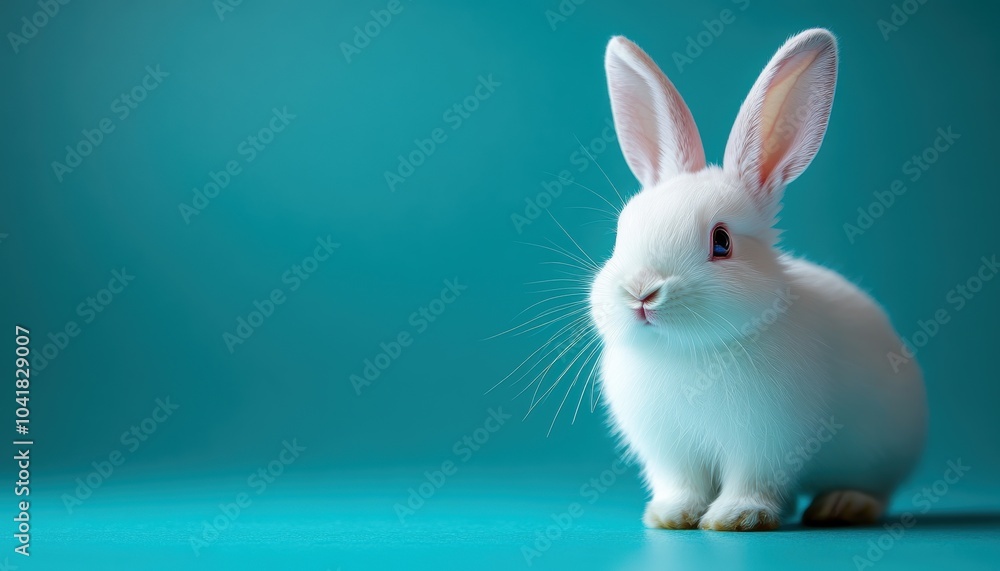 Cute white rabbit sitting on a bright teal background in soft lighting Cute white rabbit sitting on a bright teal background in soft lighting