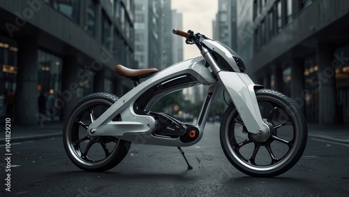 Stylish white electric motorcycle parked on city street