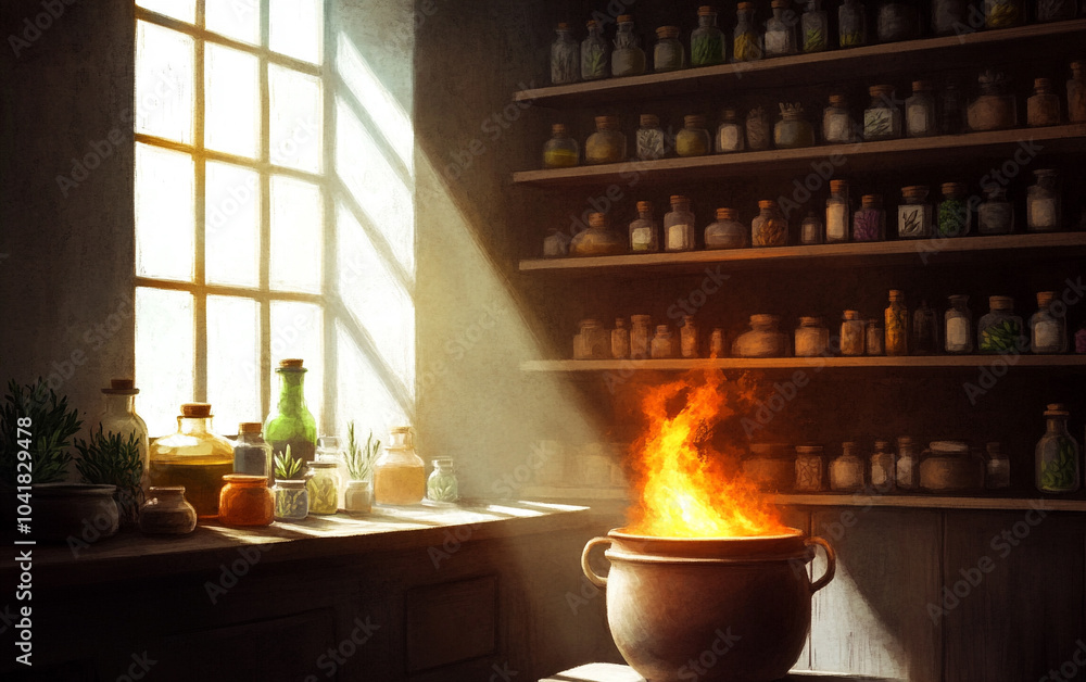 Magical kitchen with a bubbling cauldron and shelves of potion bottles. Magical kitchen with a bubbling cauldron and shelves of potion bottles.
