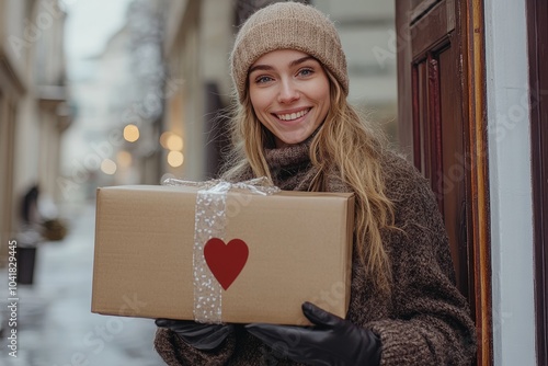 Una mujer sonriente abre la puerta para recibir un paquete, expresando alegría y entusiasmo. La imagen refleja la emoción de la anticipación.
 photo