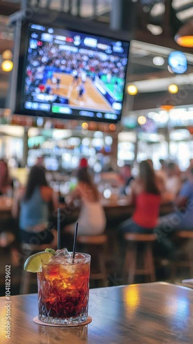 People relax with drinks in a bar, focused on an exciting basketball game on the screen