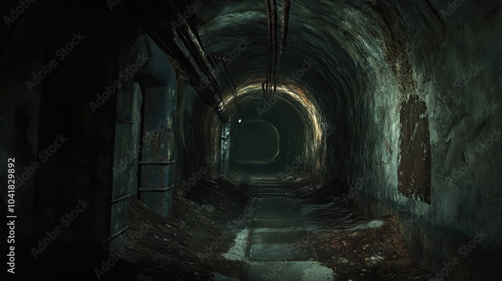 Obraz premium A shadowy underground tunnel from an old gold mine, showing the remnants of a once-thriving mining operation.