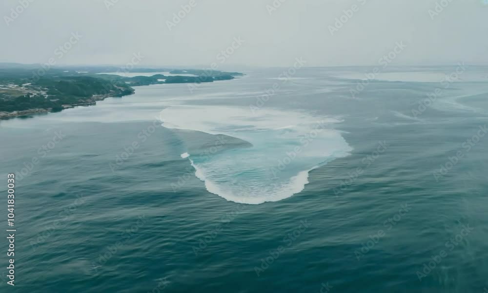 Overhead shot with reflective sea: The camera starts with an overhead view of abstract shapes on a reflective sea. The smooth surface and distant shoreline create a serene, expansive backdrop.