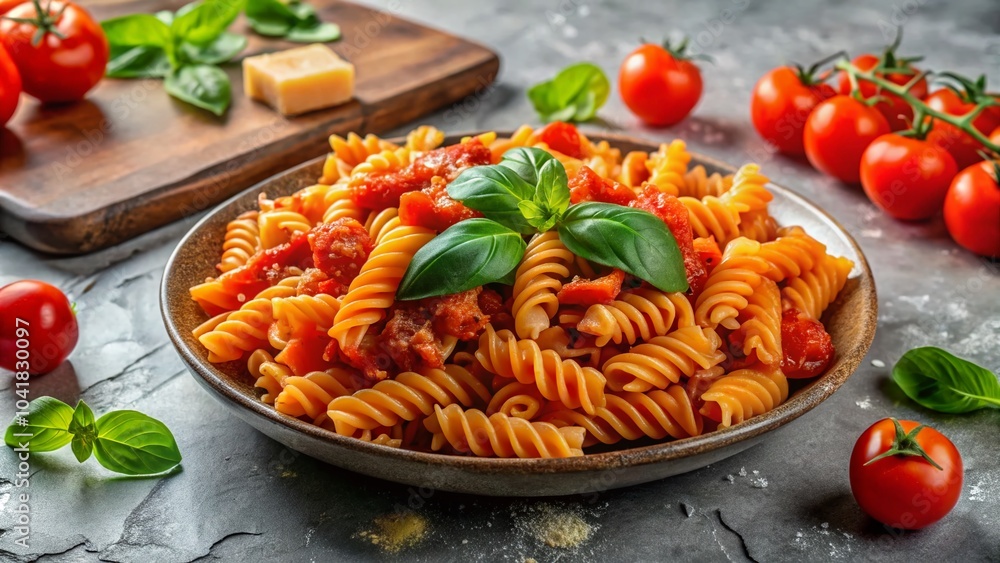 Delicious Rotini Pasta in Tomato Sauce on Marble Surface for Culinary Design and Food Photography Delicious Rotini Pasta in Tomato Sauce on Marble Surface for Culinary Design and Food Photography