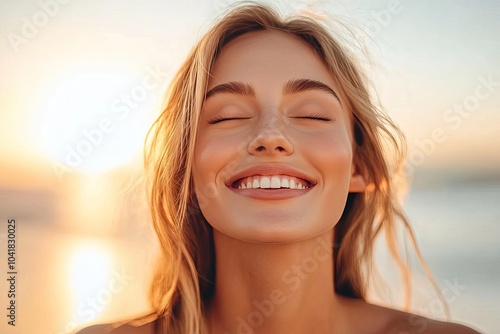 Una mujer joven mira hacia el cielo al amanecer, con los primeros rayos del sol iluminando su rostro y una expresión de esperanza y expectativa.