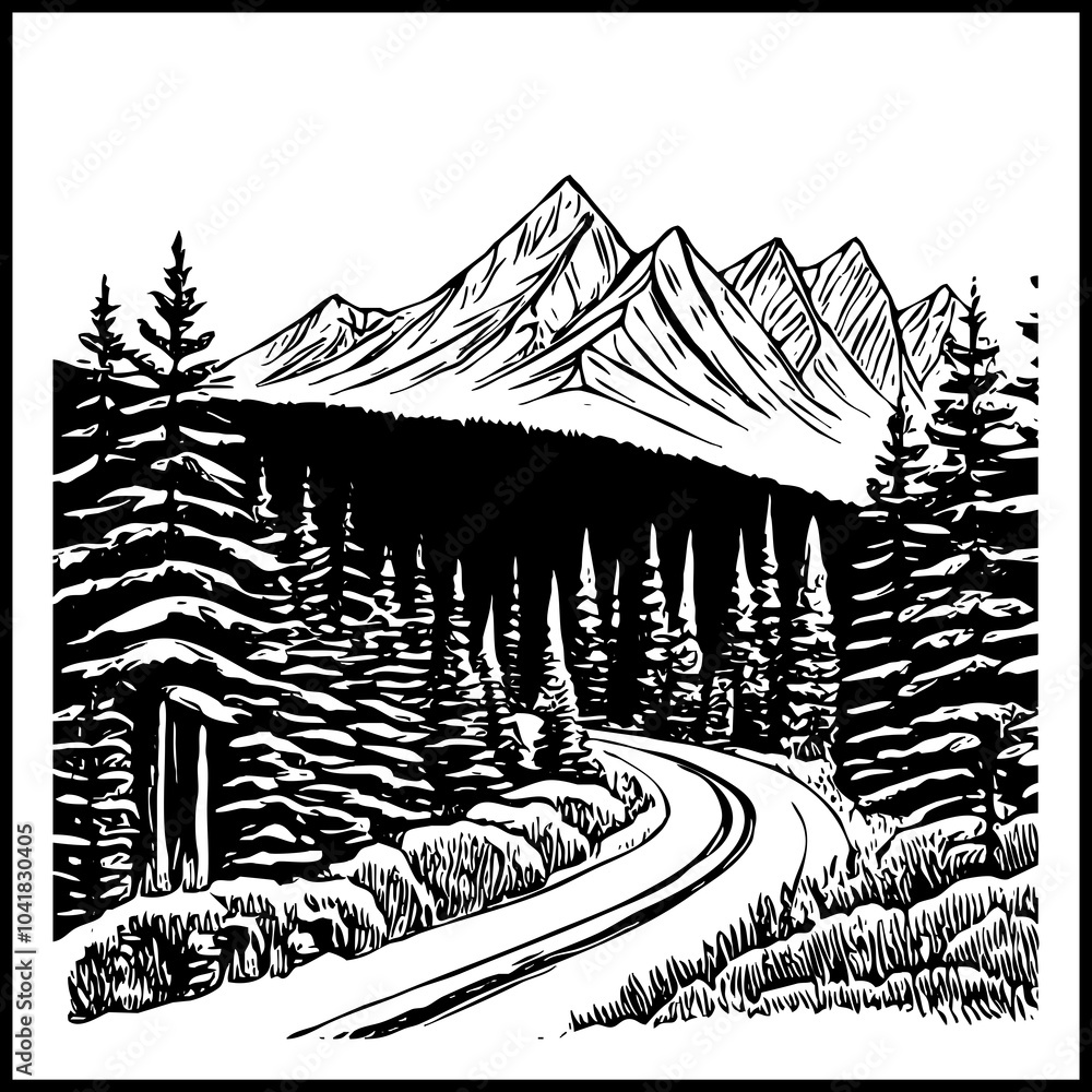 Fototapeta premium Black and white illustration. Mountain landscape on a white background .