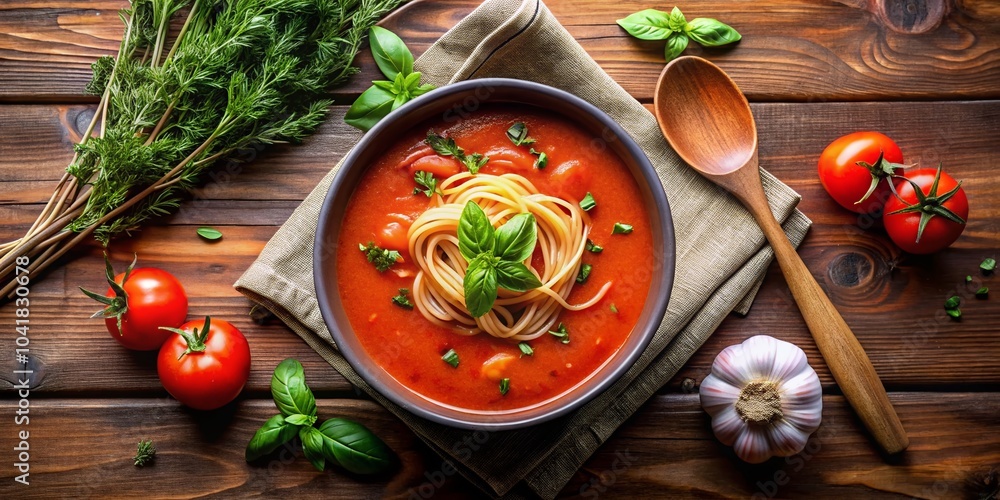 Delicious Tomato Soup with Noodles in a Rustic Setting for Food Lovers Delicious Tomato Soup with Noodles in a Rustic Setting for Food Lovers