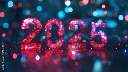 Glittering numbers 2025 with ambient vibrant bokeh