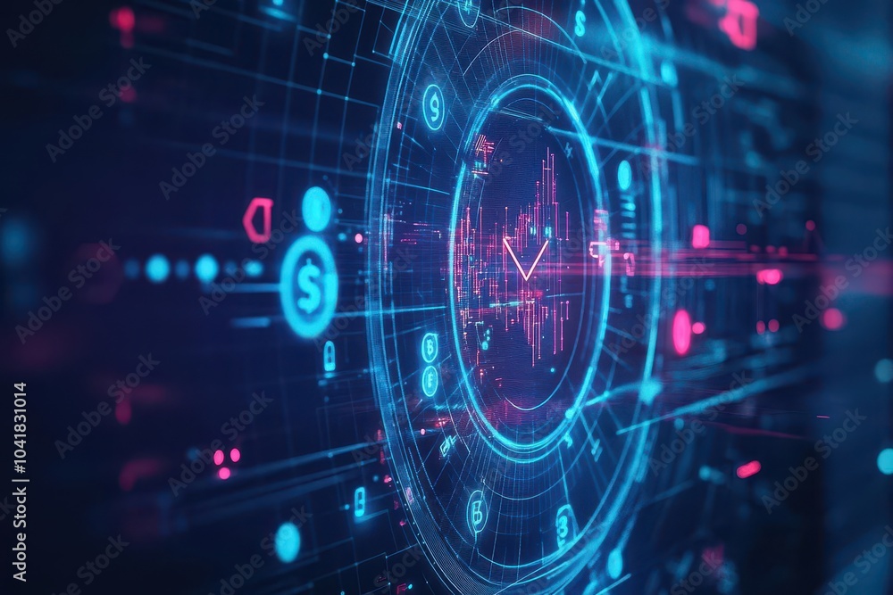 Holographic world with orbiting currency, financial technology visualization, futuristic vibes Holographic world with orbiting currency, financial technology visualization, futuristic vibes