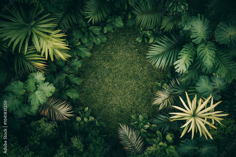 Fototapeta premium Landscape view of tropical plant on grass field, Tropical tree with empty space.