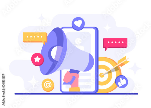 Digital marketing flat vector illustration, Ad campaign and online promotion in mobile apps, advertising content in social networks, Social media campaign, Promotion, E-commerce