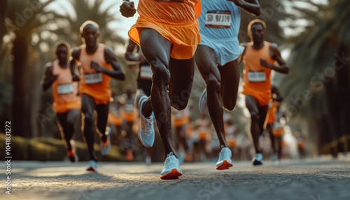 Runners compete in a vibrant marathon under palm trees on a sunny day photo