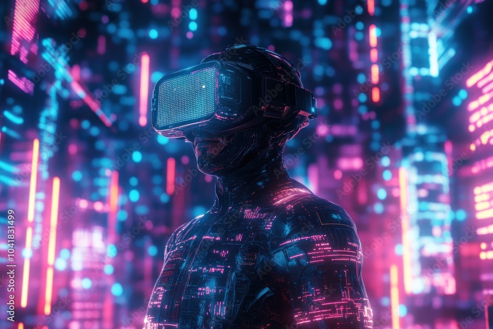 Futuristic VR world with neon lights and abstract suit Futuristic VR world with neon lights and abstract suit