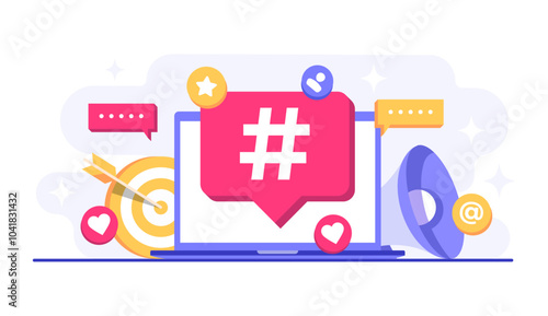 Social media marketing concept flat vector illustration for web banner, mobile app, poster, business content strategy, Hashtag marketing, Digital AD campaign, online promotion, E-commerce